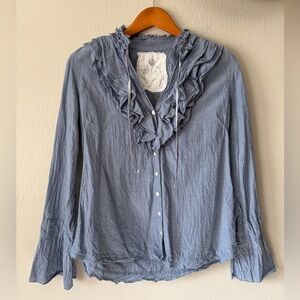 Cino Silver Blue Satin Ruffle Velvet Ribbon Flounce Sleeve Blouse Women’s Small